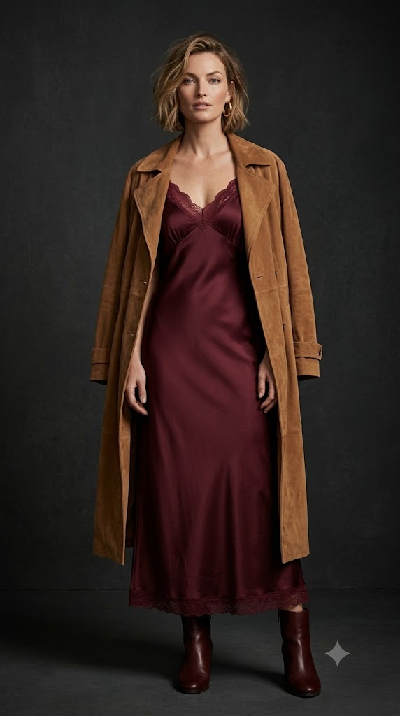 Burgundy Lace-Trimmed Slip with Suede Trench